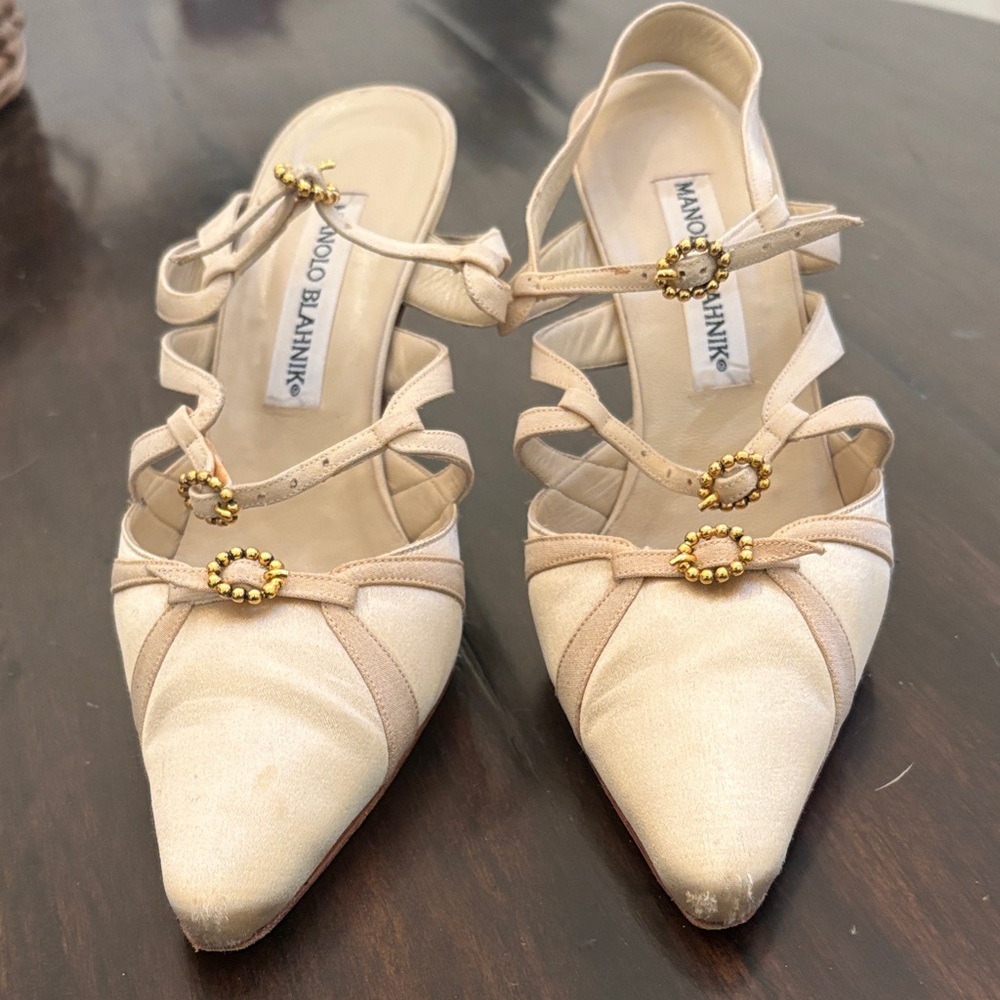 Manolo Blahnik Cream Heels with Gold Buckles